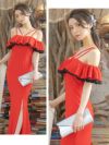 イメージ画像2 キャバドレス ロングドレス 大きいサイズ Tika ティカ オフショルバイカラーフリルタイトスリットロングドレス