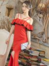イメージ画像3 キャバドレス ロングドレス 大きいサイズ Tika ティカ オフショルバイカラーフリルタイトスリットロングドレス