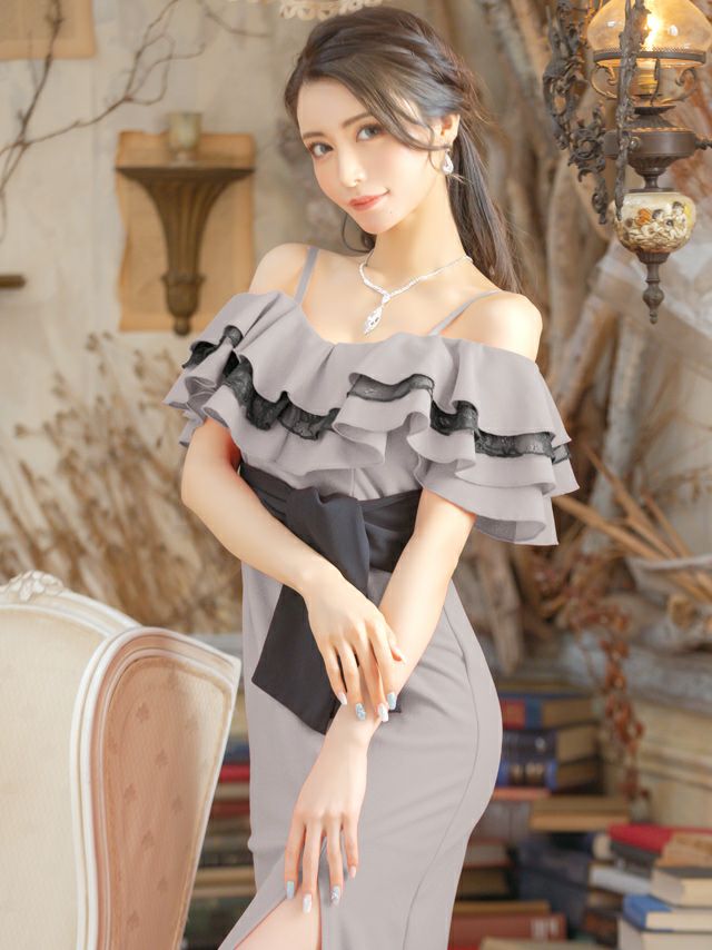 イメージ画像1 キャバドレス ロングドレス マキシ丈 ロング丈 大きいサイズ Tika ティカ ティアードレースフリルオフショルダータイトスリットバイカラー ロングドレス