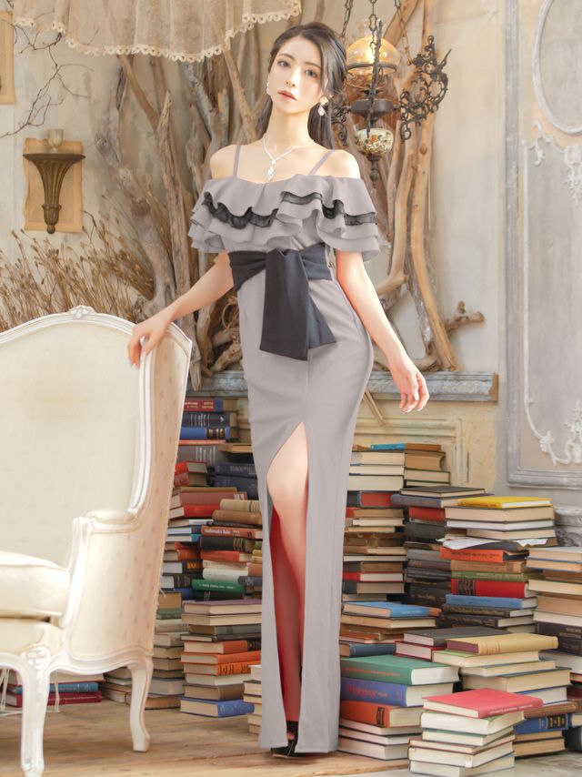 イメージ画像2 キャバドレス ロングドレス マキシ丈 ロング丈 大きいサイズ Tika ティカ ティアードレースフリルオフショルダータイトスリットバイカラー ロングドレス