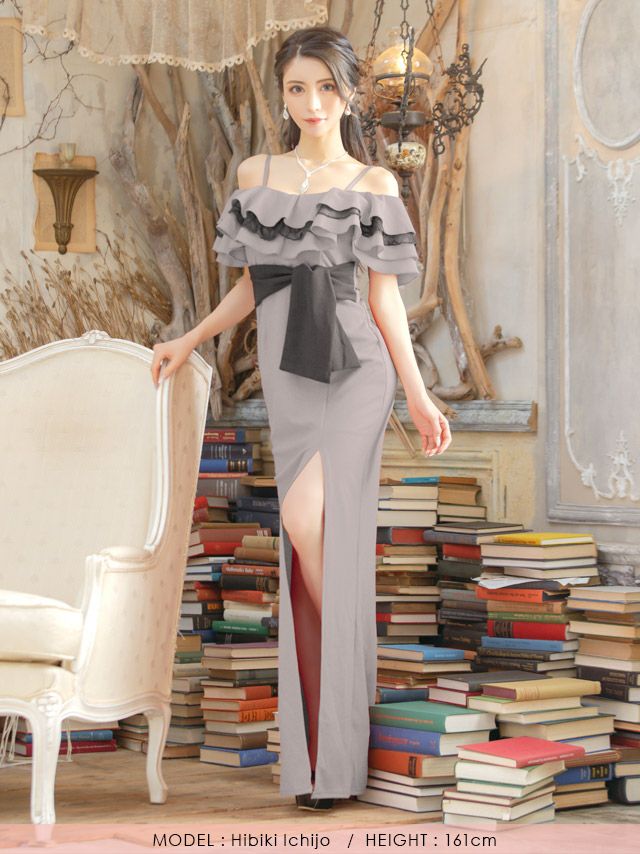 イメージ画像5 キャバドレス ロングドレス マキシ丈 ロング丈 大きいサイズ Tika ティカ ティアードレースフリルオフショルダータイトスリットバイカラー ロングドレス