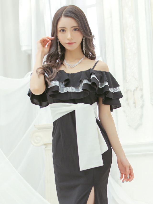 イメージ画像9 キャバドレス ロングドレス マキシ丈 ロング丈 大きいサイズ Tika ティカ ティアードレースフリルオフショルダータイトスリットバイカラー ロングドレス