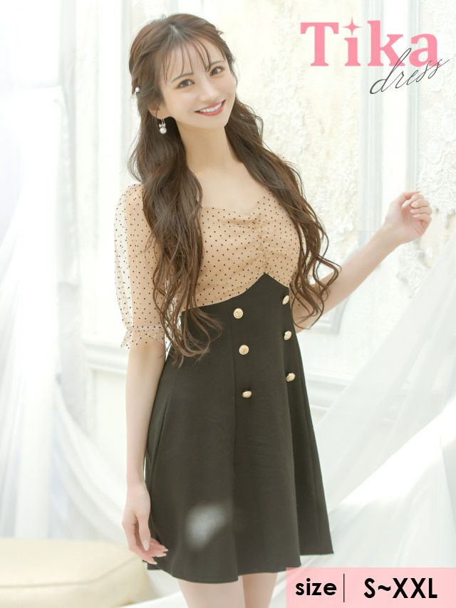メイン画像 キャバドレス ミニドレス 膝丈 大きいサイズ ワンピース Tika ティカ ドットシアー切り替えAラインフレアミニドレス
