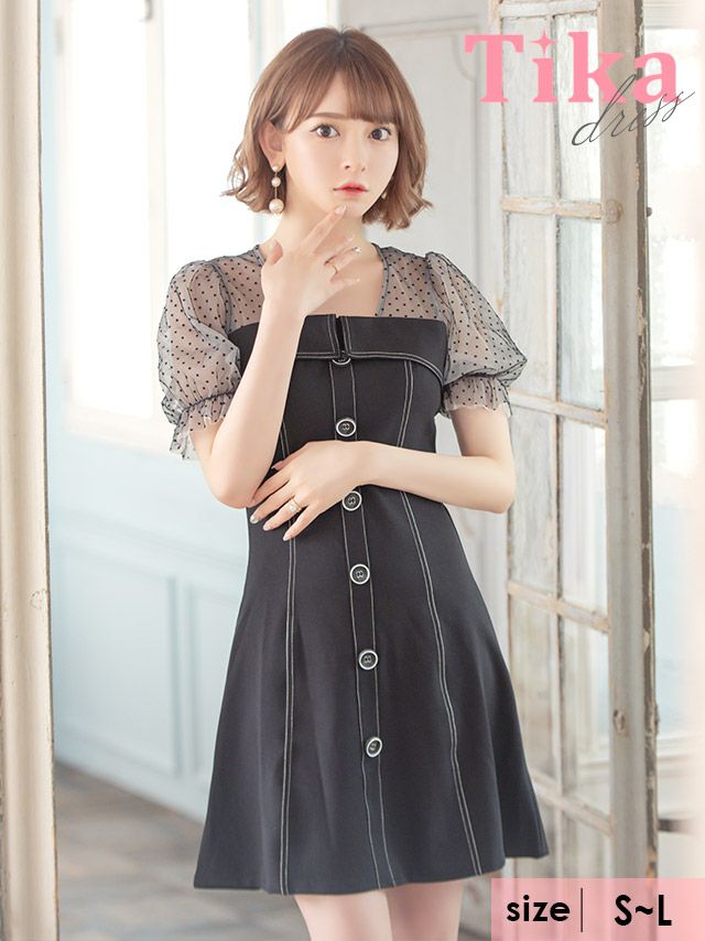 ドット柄シアー切り替えパフスリーブ半袖フレアミニドレス (Sサイズ～Lサイズ) (黒崎みさ/キャバドレス着用)