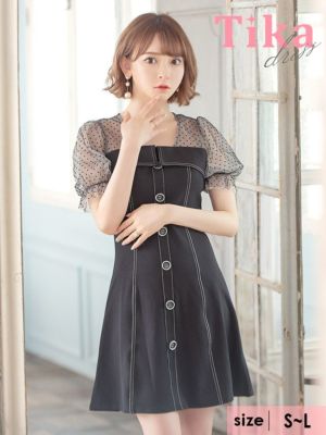 ドット柄シアー切り替えパフスリーブ半袖フレア...