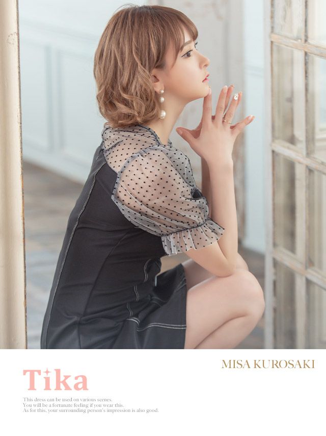 イメージ画像1 キャバドレス ミニドレス 大きいサイズ フレアドレス Tika ティカ ドットシアーパフスリーブ切り替えAラインフレアミニドレス