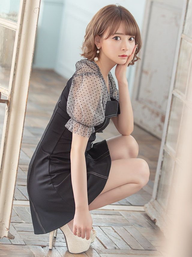 イメージ画像3 キャバドレス ミニドレス 大きいサイズ フレアドレス Tika ティカ ドットシアーパフスリーブ切り替えAラインフレアミニドレス