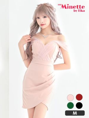安い タイトミニドレス 谷間 2way オフショルダー シンプル 背中魅せ ストレッチ チュール 裾ラップ (向葵まる着用)