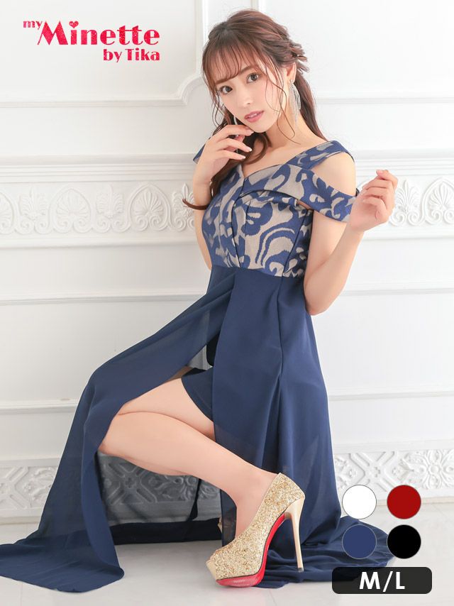 シフォンスリット肩あきジャガード切り替えAラインロングドレス