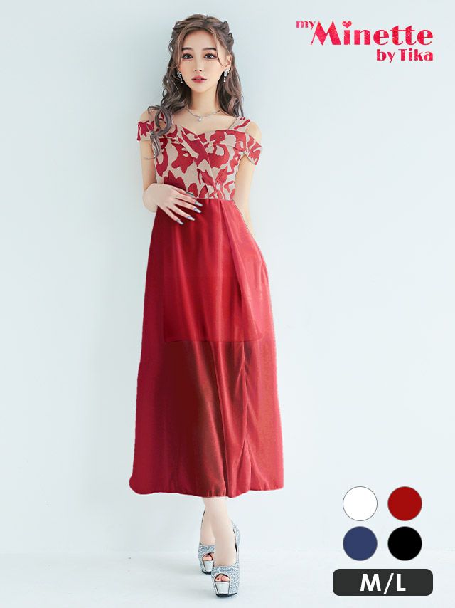 キャバドレス ロングドレス ロングワンピ フレア 激安 myMinette マイミネット オープンショルダージャガード切り替えシフォンスリットロングドレス