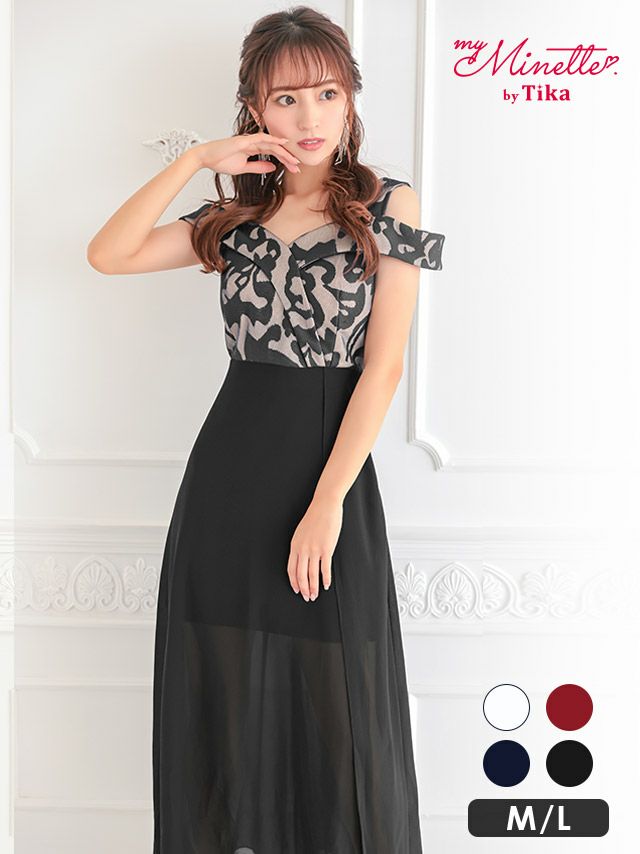 キャバドレス ロングドレス ロングワンピ フレア 激安 myMinette マイミネット オープンショルダージャガード切り替えシフォンスリットロングドレス