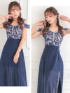 キャバドレス ロングドレス ロング丈 激安 myMinette マイミネット オープンショルダージャガードウエスト切り替えシアーフレアスリットロングドレス