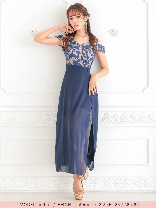 キャバドレス ロングドレス ロング丈 激安 myMinette マイミネット オープンショルダージャガードウエスト切り替えシアーフレアスリットロングドレス