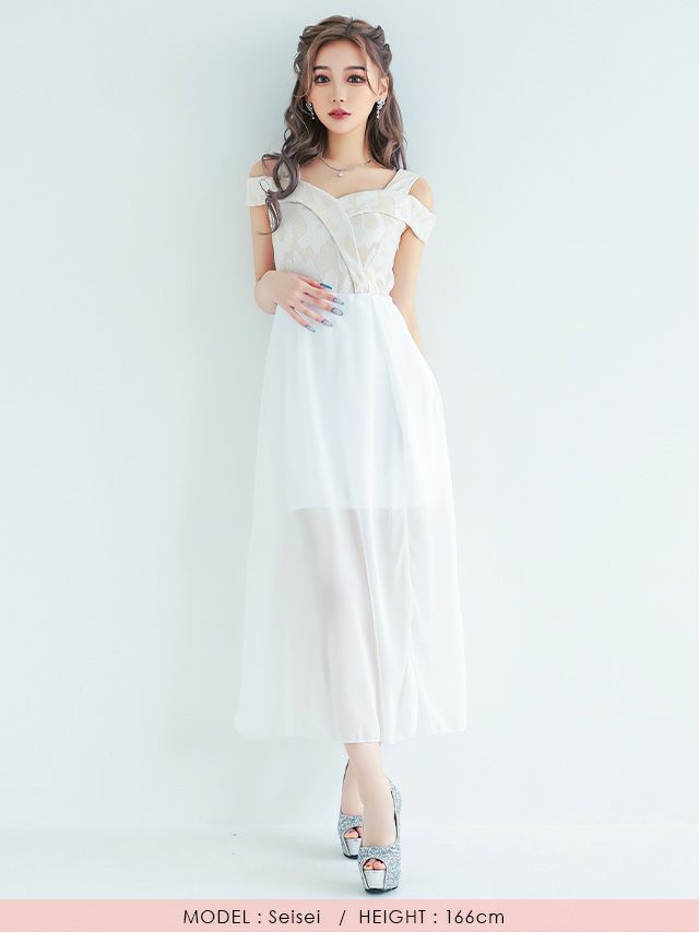 キャバドレス ロングドレス ロング丈 激安 myMinette マイミネット オープンショルダージャガードウエスト切り替えシアーフレアスリットロングドレス