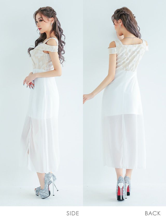 キャバドレス ロングドレス ロング丈 激安 myMinette マイミネット オープンショルダージャガードウエスト切り替えシアーフレアスリットロングドレス