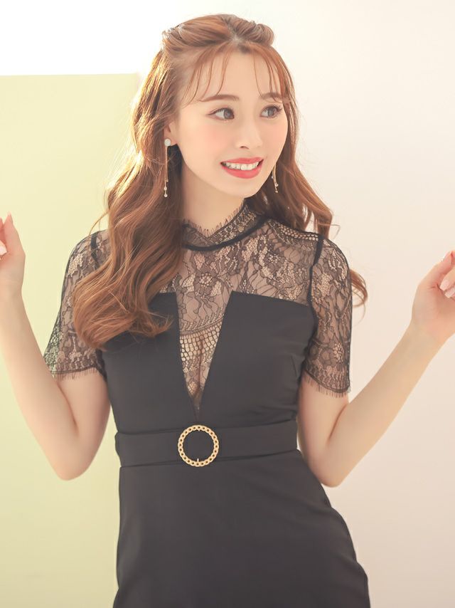 キャバドレス ミニドレス タイトドレス 大きいサイズ Tika ティカ シアーハイネック切り替えウエストリングベルトタイトミニドレス