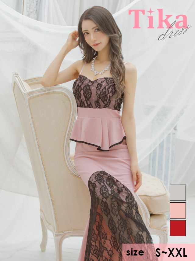 キャバドレス ロングドレス マキシ丈 タイト 大きいサイズ Tika ティカ ブラックレース切り替えペプラムキャミロングドレス