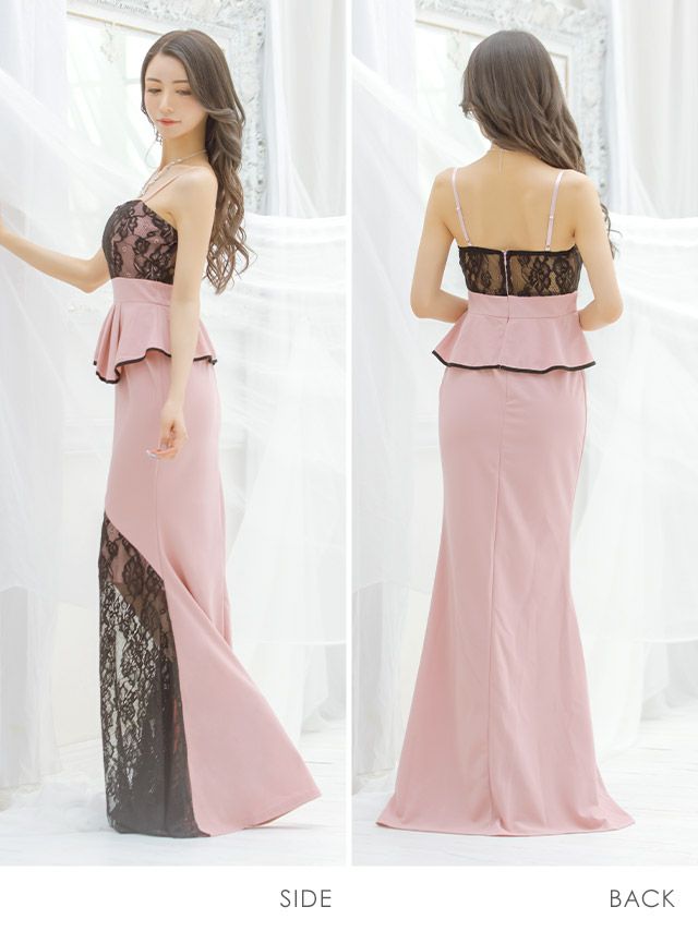 キャバドレス ロングドレス マキシ丈 タイト 大きいサイズ Tika ティカ ブラックレース切り替えペプラムキャミロングドレス