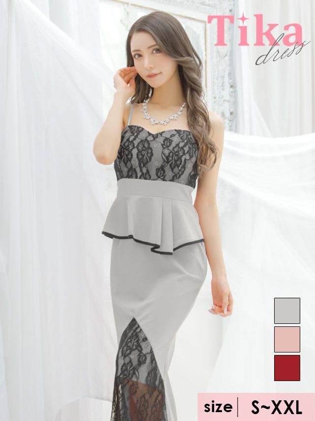 キャバドレス ロングドレス マキシ丈 タイト 大きいサイズ Tika ティカ ブラックレース切り替えペプラムキャミロングドレス