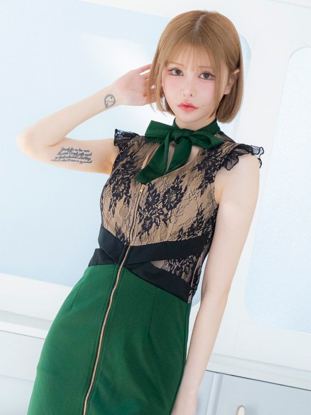 キャバドレス ミニドレス タイトドレス 大きいサイズ Tika ティカ チョーカーネックリボンフラワーレース切り替えフロントファスナータイトミニドレス