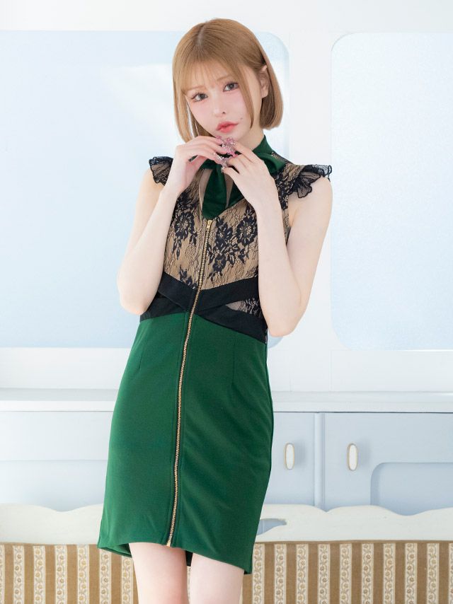 キャバドレス ミニドレス タイトドレス 大きいサイズ Tika ティカ チョーカーネックリボンフラワーレース切り替えフロントファスナータイトミニドレス