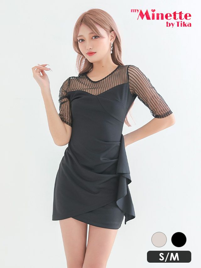 シースルーストライプデザイン袖ありタイトミニドレス