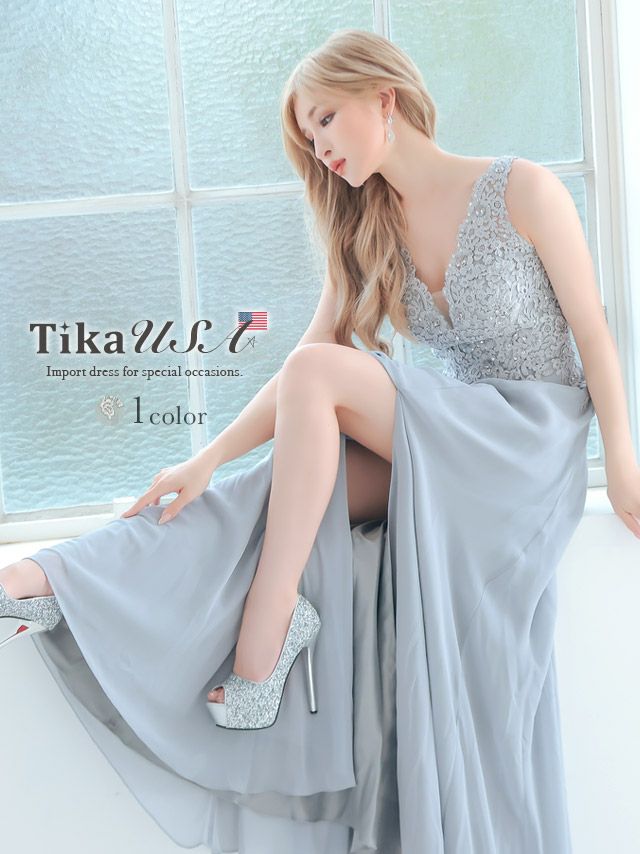 LA直輸入 フラワー刺繍レースビジュードレープスリットノースリーブAラインロングドレス (XSサイズ～Lサイズ) (ゆんころ キャバドレス着用)