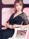 キャバドレス タイトドレス 大きいサイズ ミディアム丈 結婚式 パーティードレス Tika ティカ レースベルスリーブ切り替えワンカラータイトミディアムドレス