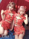 コスプレ衣装 セクシー2ピースゴールドデザイン映えチャイナドレス ハロウィン コスプレ3点セット