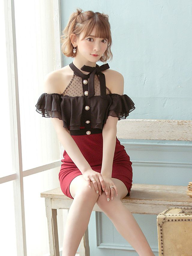 キャバドレス ミニドレス タイトドレス セクシー 大きいサイズ Tika ティカ ネックリボンドットシアーオープンフリルショルダータイトミニドレス