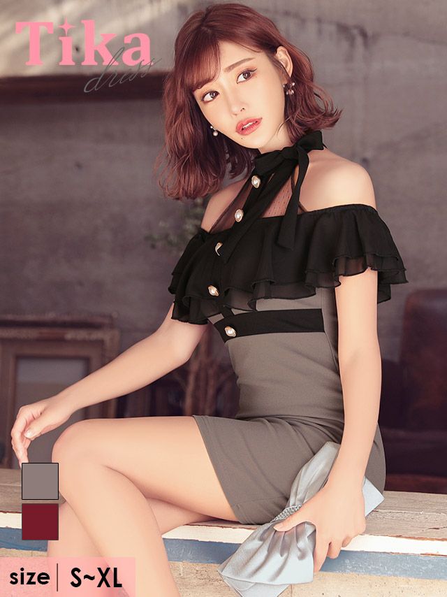 キャバドレス ミニドレス タイトドレス セクシー 大きいサイズ Tika ティカ ネックリボンドットシアーオープンフリルショルダータイトミニドレス