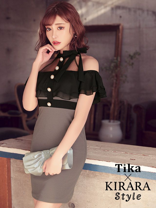 キャバドレス ミニドレス タイトドレス セクシー 大きいサイズ Tika ティカ ネックリボンドットシアーオープンフリルショルダータイトミニドレス