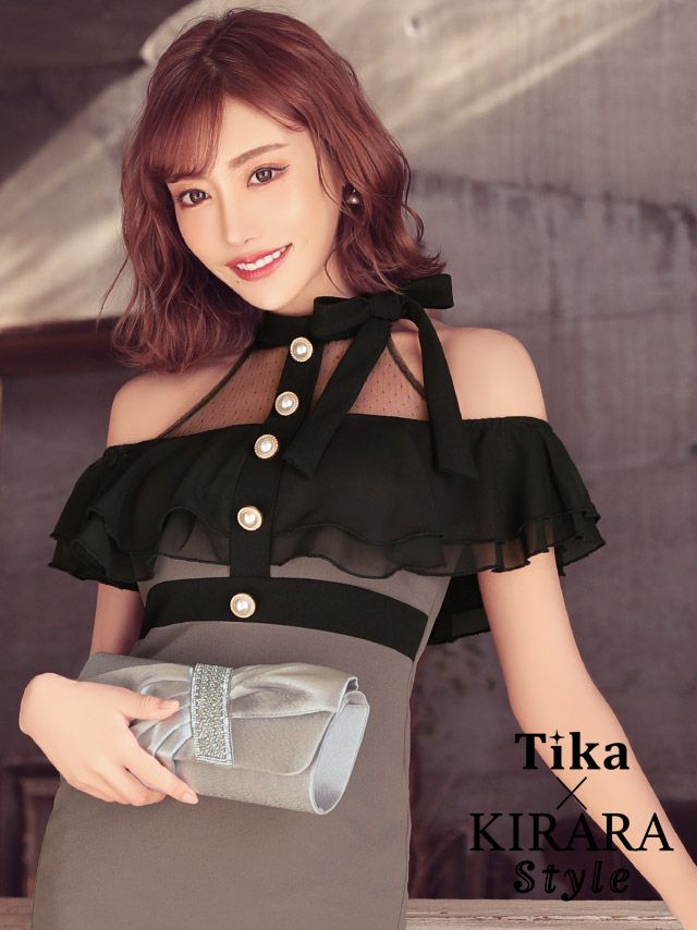 キャバドレス ミニドレス タイトドレス セクシー 大きいサイズ Tika ティカ ネックリボンドットシアーオープンフリルショルダータイトミニドレス
