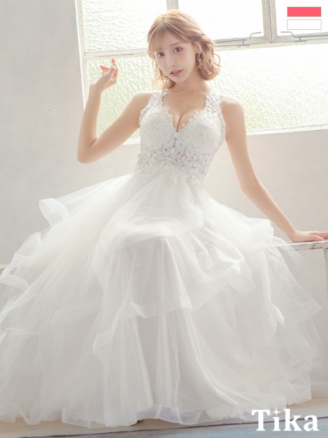 フラワー刺繍ボリュームホルターネックチュールロングドレス (Sサイズ  