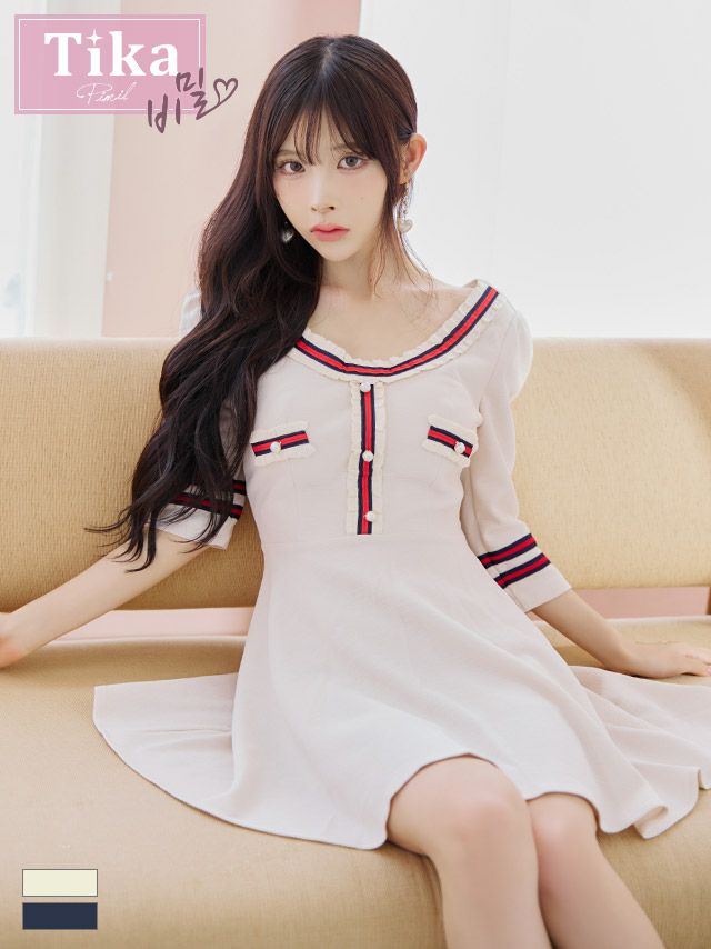 キャバドレス ワンピース ミニワンピ  キャバワンピ 韓国ドレス 韓国 モノトーン Tika ティカ 異素材ラインデザインフレアミニドレス