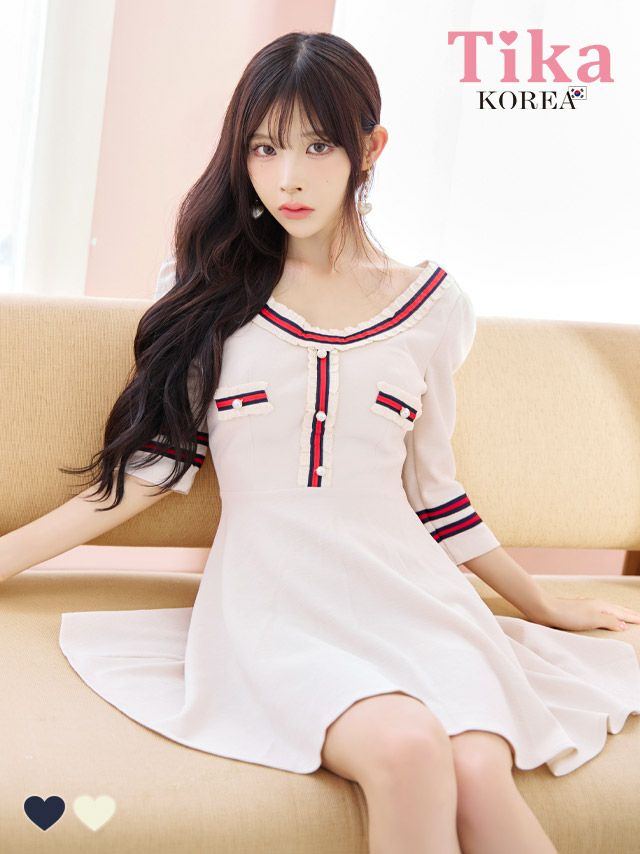 キャバドレス ワンピース ミニワンピ  キャバワンピ 韓国ドレス 韓国 モノトーン Tika ティカ 異素材ラインデザインフレアミニドレス
