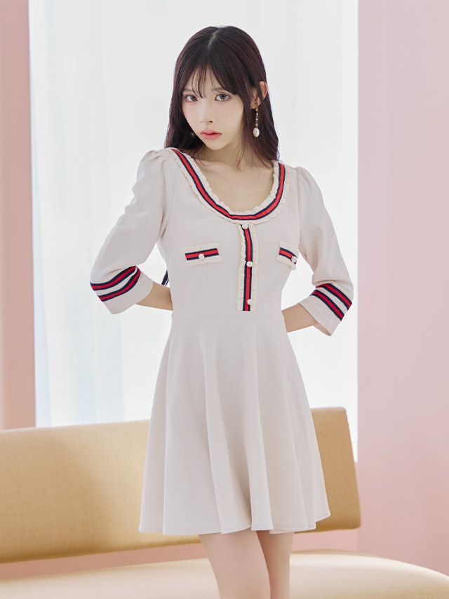 キャバドレス ワンピース ミニワンピ  キャバワンピ 韓国ドレス 韓国 モノトーン Tika ティカ 異素材ラインデザインフレアミニドレス