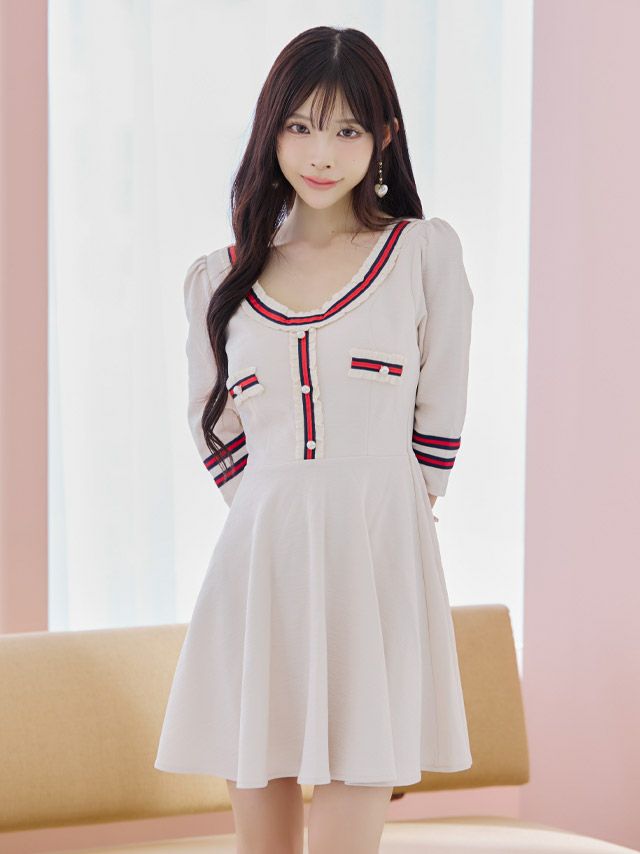 キャバドレス ワンピース ミニワンピ  キャバワンピ 韓国ドレス 韓国 モノトーン Tika ティカ 異素材ラインデザインフレアミニドレス