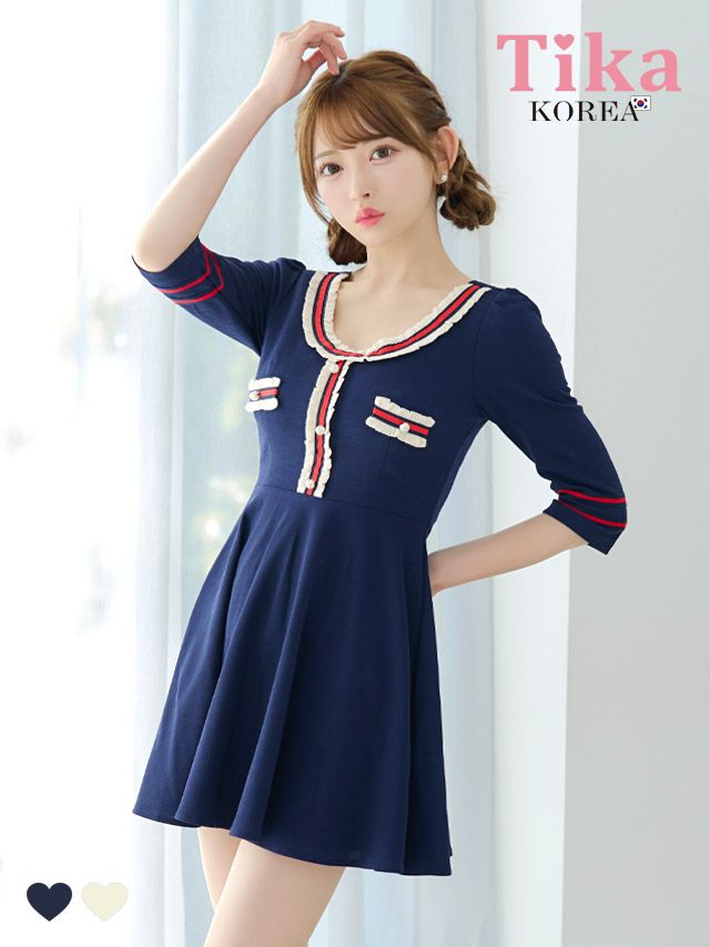 キャバドレス キャバワンピ ワンピース ミニ丈 フレア Aライン ワンピ 韓国 Tika ティカ 異素材配色ラインフレアガーリーミニドレス