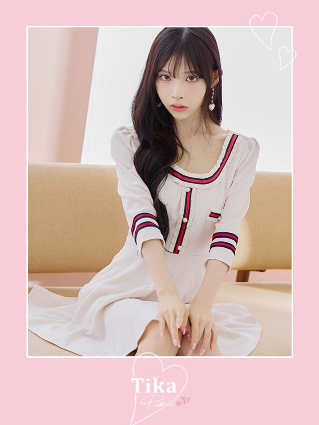 キャバドレス キャバワンピ ワンピース ミニ丈 フレア Aライン ワンピ 韓国 Tika ティカ 異素材配色ラインフレアガーリーミニドレス