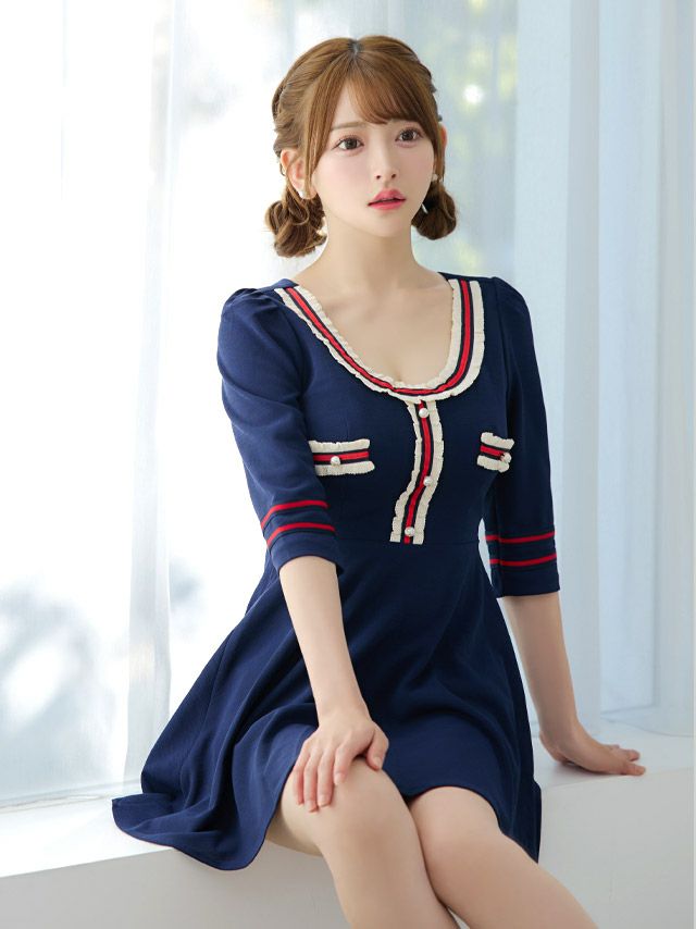 キャバドレス キャバワンピ ワンピース ミニ丈 フレア Aライン ワンピ 韓国 Tika ティカ 異素材配色ラインフレアガーリーミニドレス