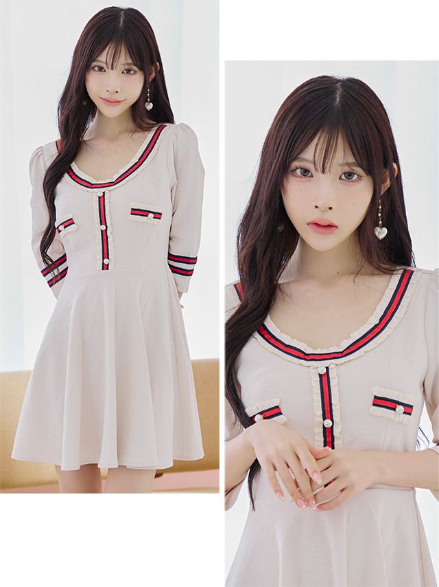 キャバドレス キャバワンピ ワンピース ミニ丈 フレア Aライン ワンピ 韓国 Tika ティカ 異素材配色ラインフレアガーリーミニドレス