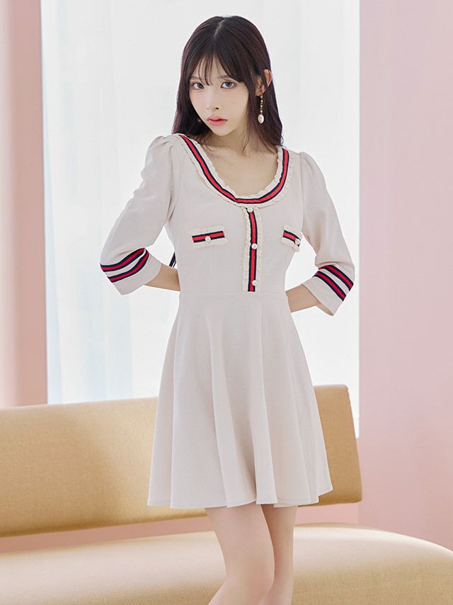 キャバドレス キャバワンピ ワンピース ミニ丈 フレア Aライン ワンピ 韓国 Tika ティカ 異素材配色ラインフレアガーリーミニドレス