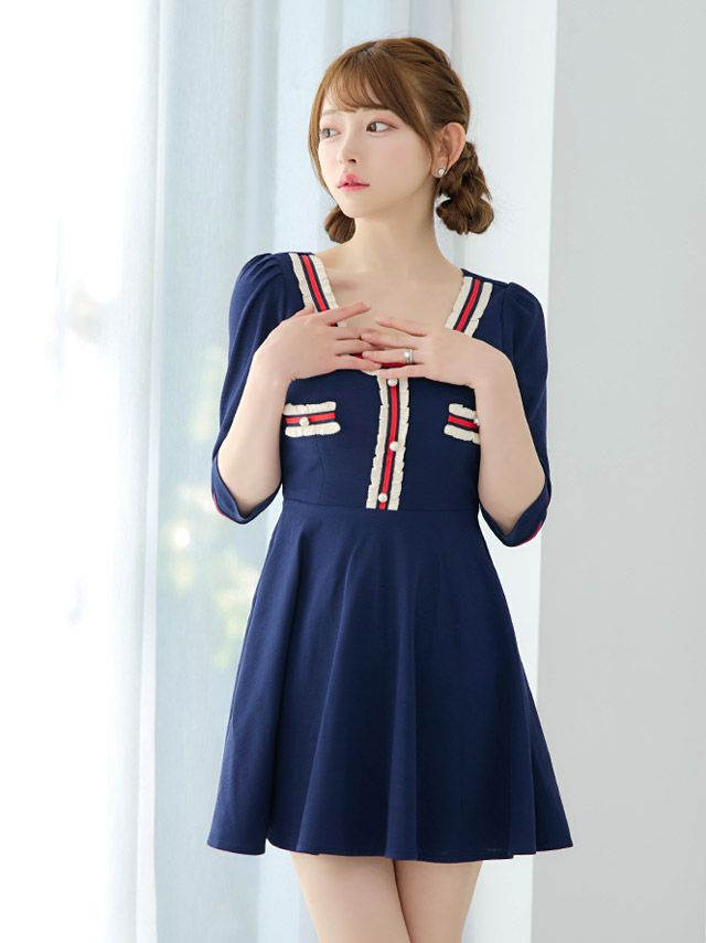 キャバドレス キャバワンピ ワンピース ミニ丈 フレア Aライン ワンピ 韓国 Tika ティカ 異素材配色ラインフレアガーリーミニドレス