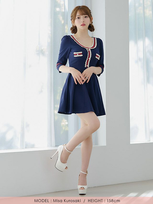 キャバドレス キャバワンピ ワンピース ミニ丈 フレア Aライン ワンピ 韓国 Tika ティカ 異素材配色ラインフレアガーリーミニドレス