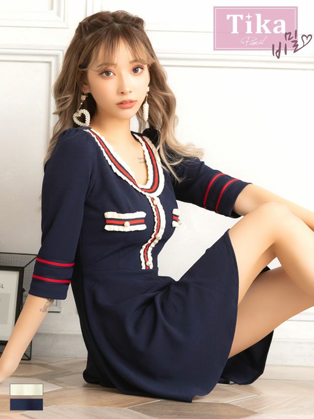 韓国ドレス] 異素材配色ラインフレア袖ありパフスリーブミニドレス (S