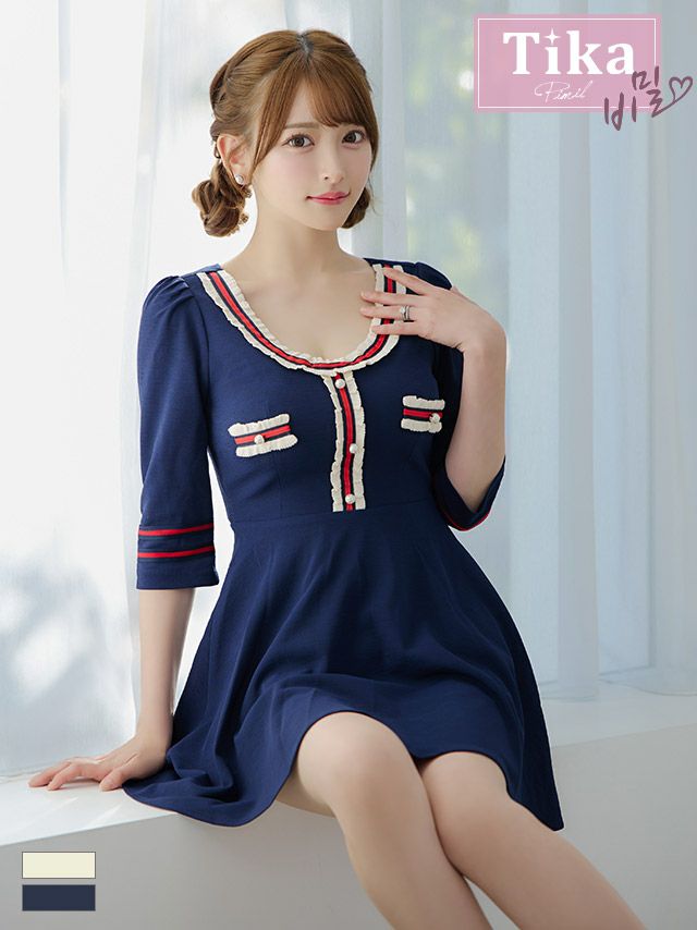 キャバドレス キャバワンピ ワンピース ミニ丈 フレア Aライン ワンピ 韓国 Tika ティカ 異素材配色ラインフレアガーリーミニドレス
