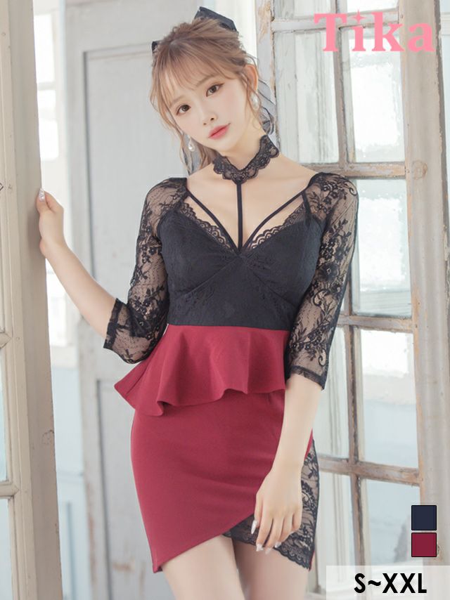 キャバドレス ミニドレス タイトドレス ペプラムドレス 大きいサイズ Tika ティカ チョーカーネックフラワーレース切り替えペプラムタイトミニドレス