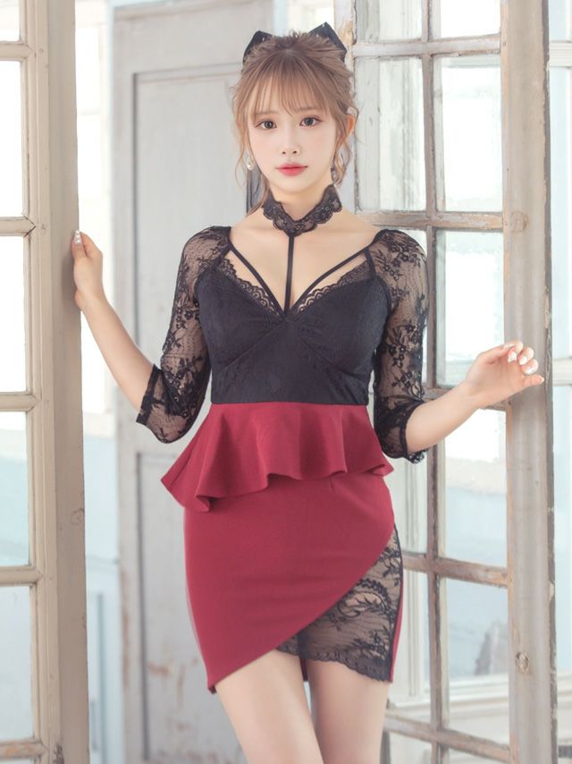 キャバドレス ミニドレス タイトドレス ペプラムドレス 大きいサイズ Tika ティカ チョーカーネックフラワーレース切り替えペプラムタイトミニドレス