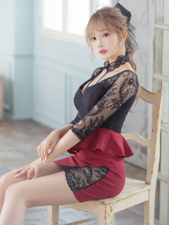 キャバドレス ミニドレス タイトドレス ペプラムドレス 大きいサイズ Tika ティカ チョーカーネックフラワーレース切り替えペプラムタイトミニドレス